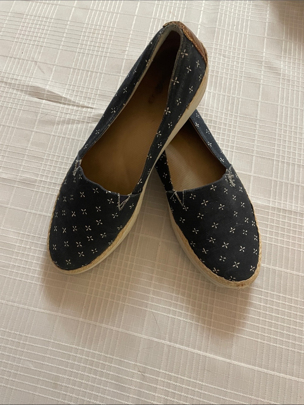 Trotters Navy Slip-On Espadrilles with White Cross Stitch Pattern